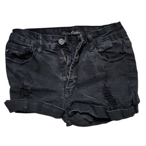 KanCan Black Distressed Roll Cuff Shorts - Black, Size 5/26